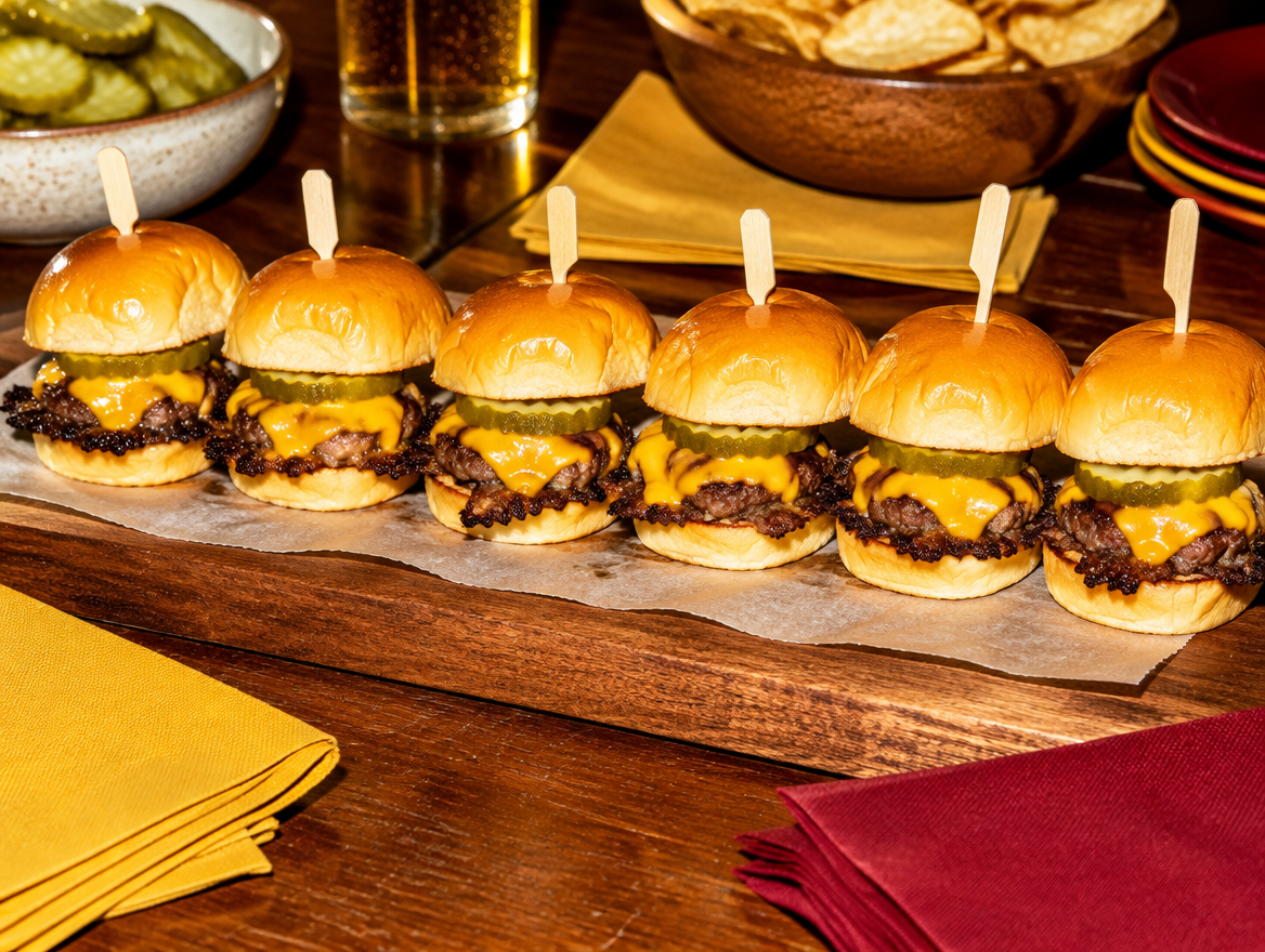 Mini Smash Slider mit Käse in Martin’s Potato Rolls auf einem Holzbrett