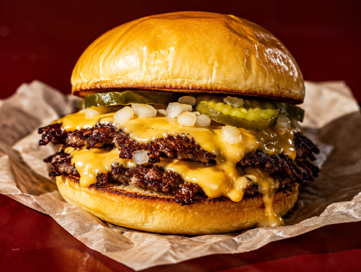 Double Smash Cheeseburger mit krossen Patties im Martin’s Potato Roll