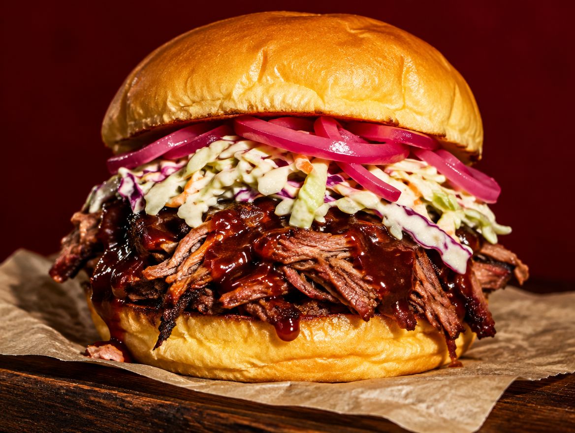 Pulled Beef Burger mit Coleslaw im großen Potato Roll