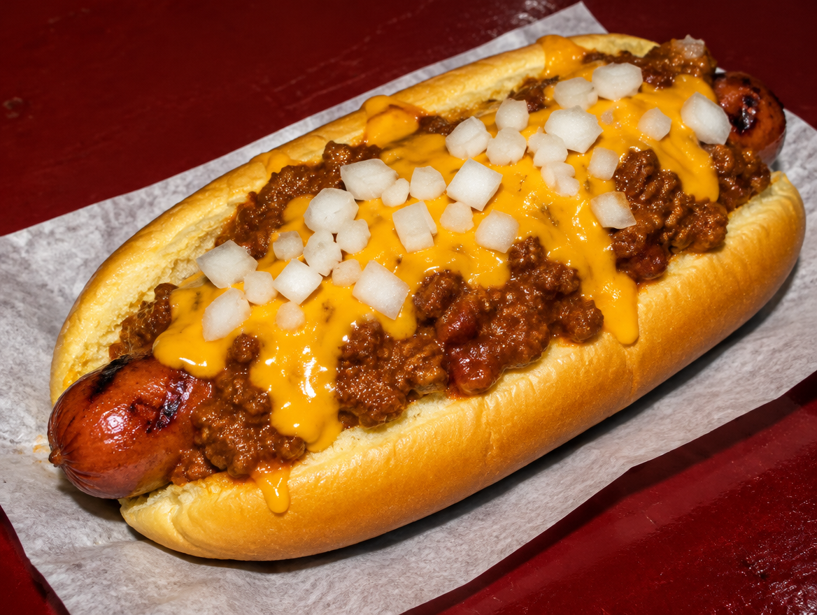 Chili Cheese Dog mit Rindswurst im Long Potato Roll