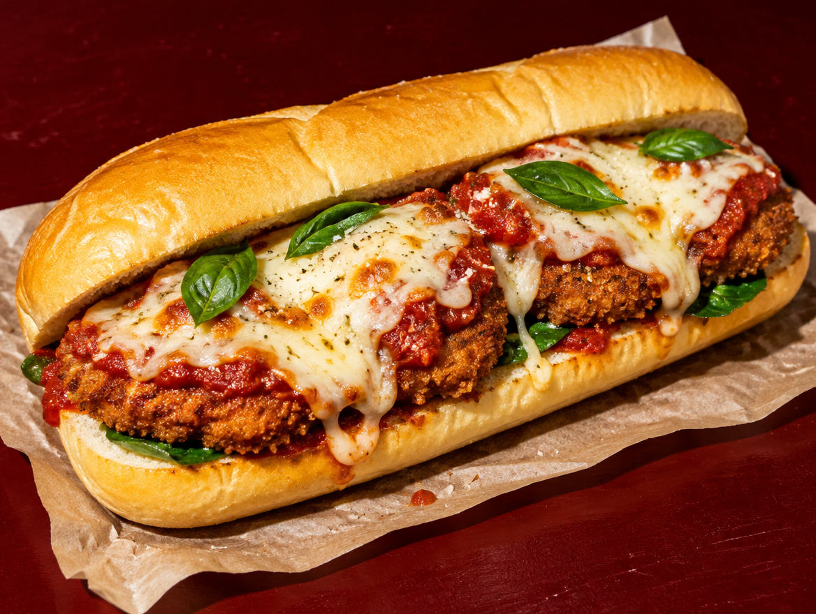 Chicken Parm Sub mit Mozzarella im Hoagie Roll