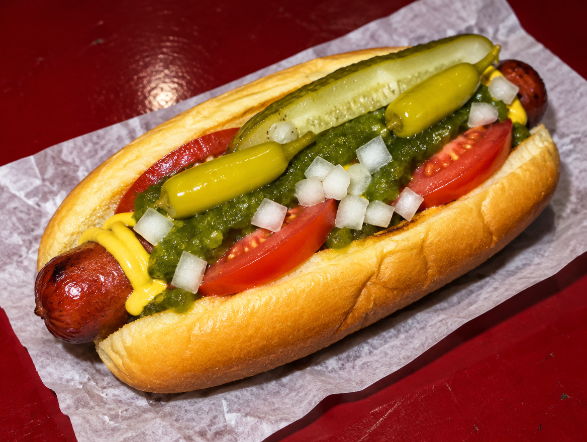 Chicago Style Hot Dog mit Rindswurst im Long Potato Roll