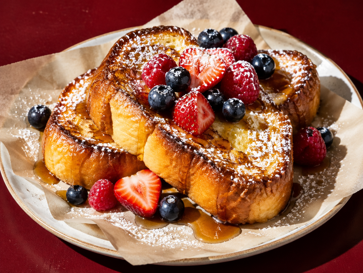 French Toast aus Potato Rolls mit Beeren und Ahornsirup