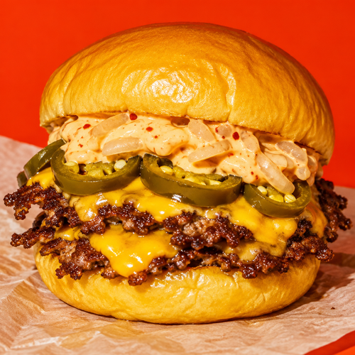 Smash Burger mit Joppie Beetje Pittig und Jalapeños