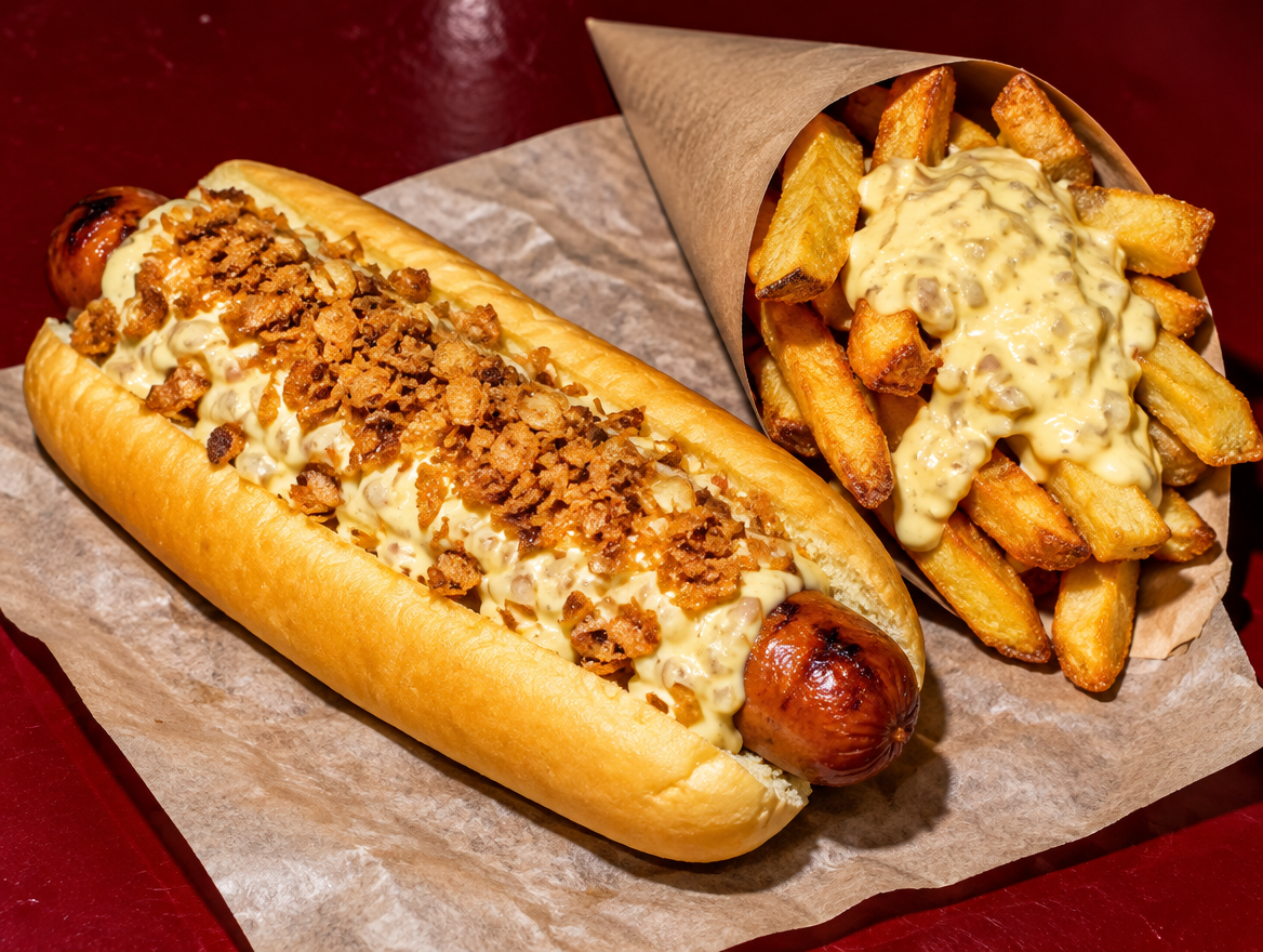 Hot Dog mit Joppie Sauce und Röstzwiebeln im Long Potato Roll mit Pommes