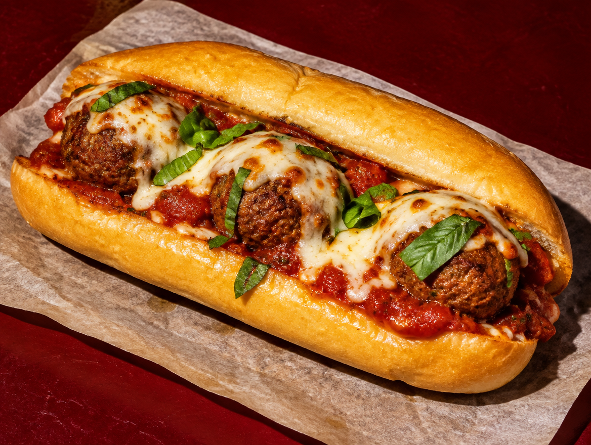 Meatball Sub mit Rinderbällchen im Hoagie Roll