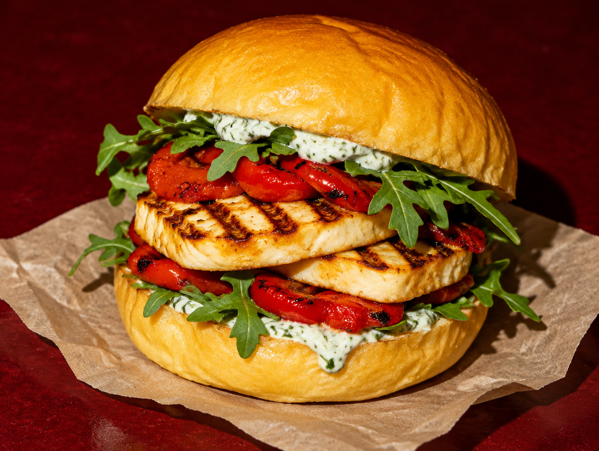 Vegetarischer Halloumi Burger im Potato Roll