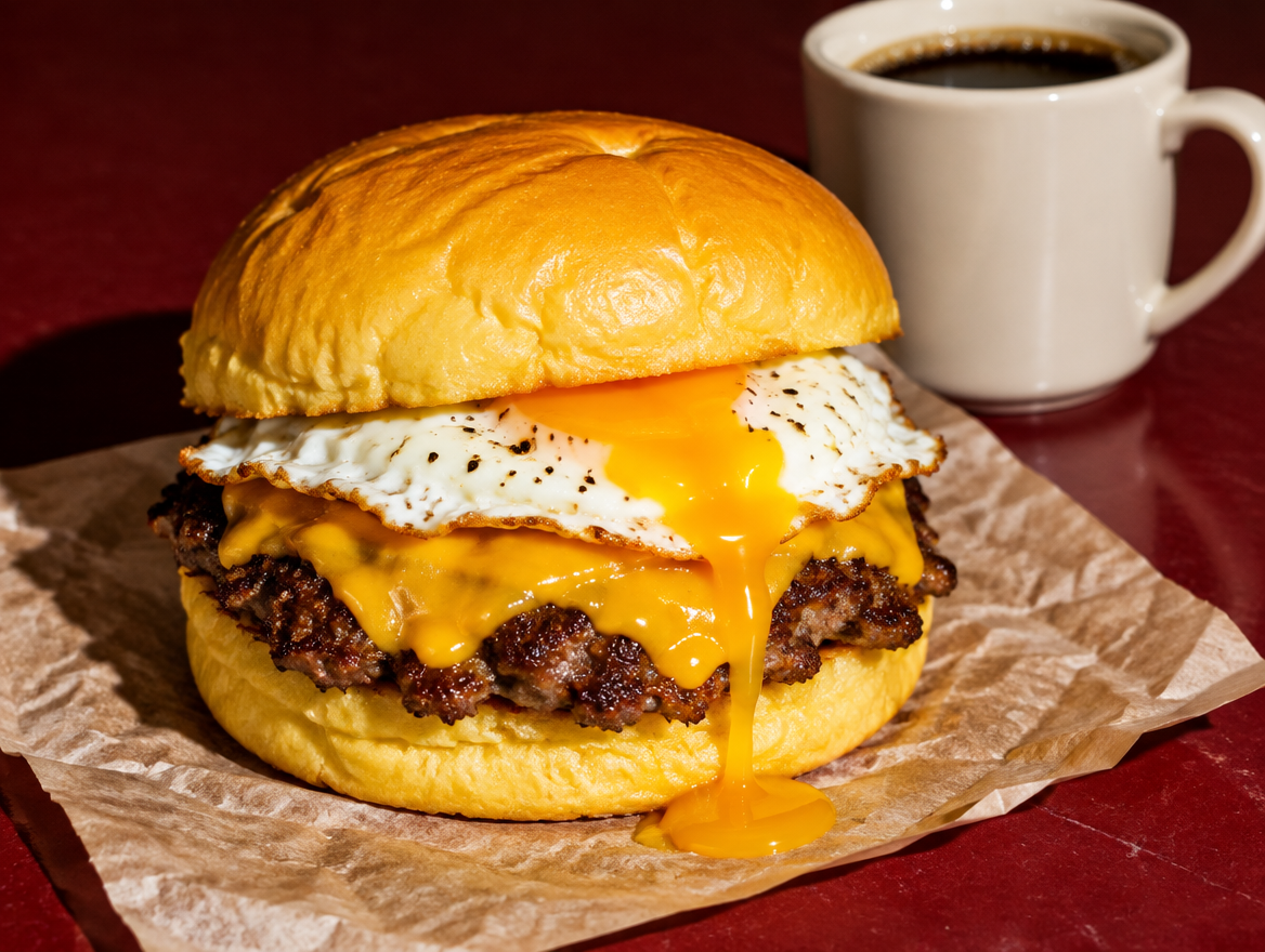 Breakfast Burger mit Spiegelei und Rinderpatty