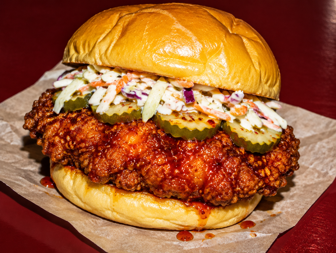 Nashville Hot Chicken Burger mit Coleslaw im Potato Roll