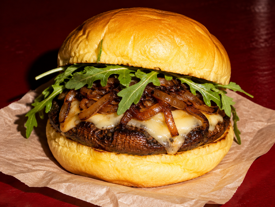 Vegetarischer Portobello Burger im Potato Roll
