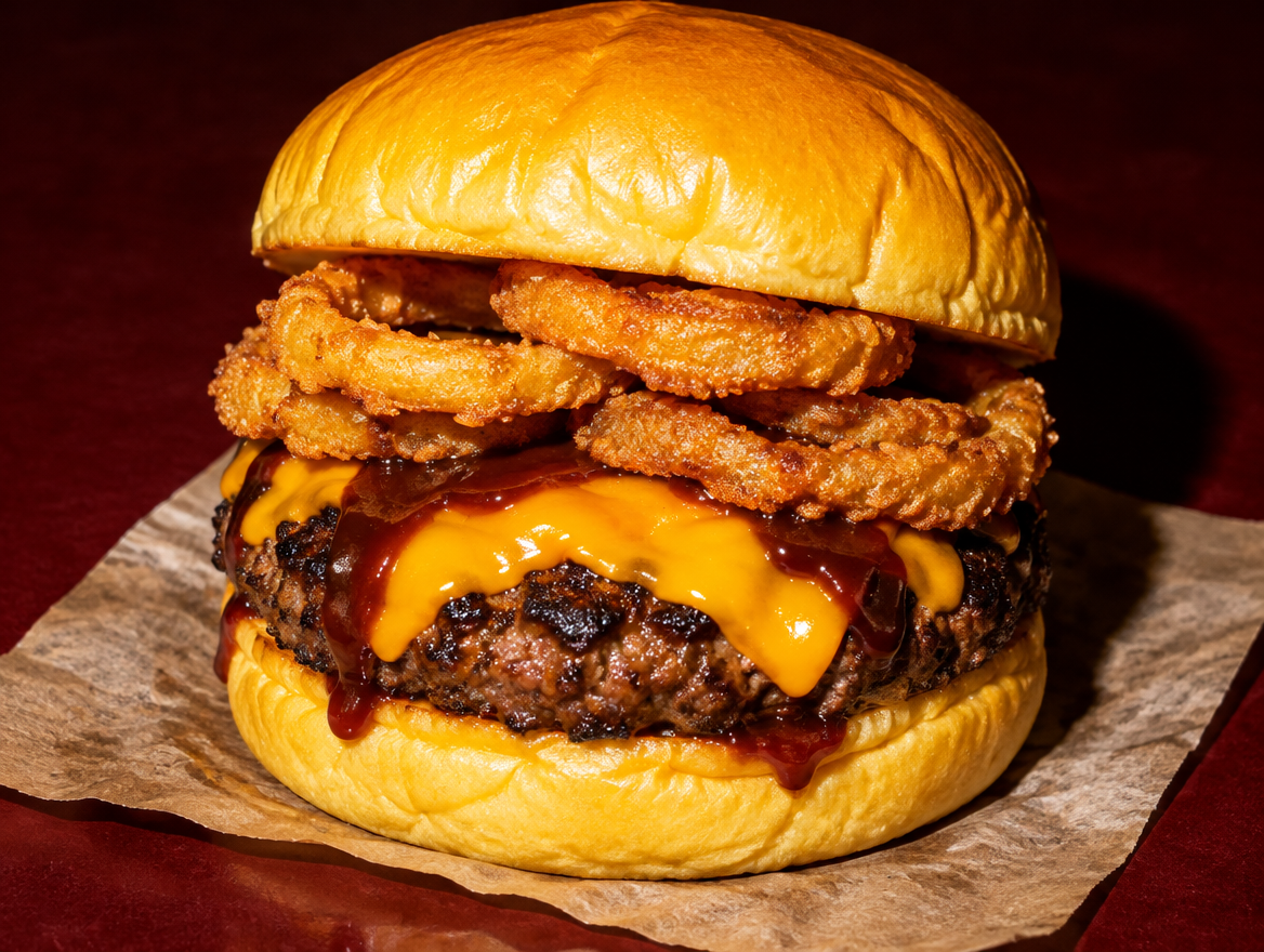BBQ Burger mit Zwiebelringen und Cheddar