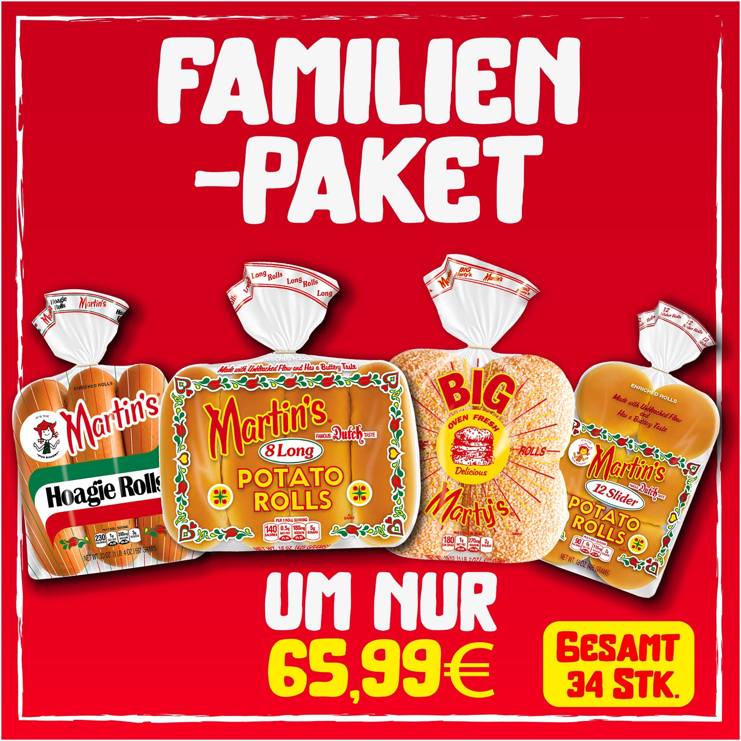 Familien-Paket (Potato Rolls Bun 12Stk. + Big Marty's 8Stk. + Hoagie Rolls 6Stk. + Long Potato Rolls 8Stk.)