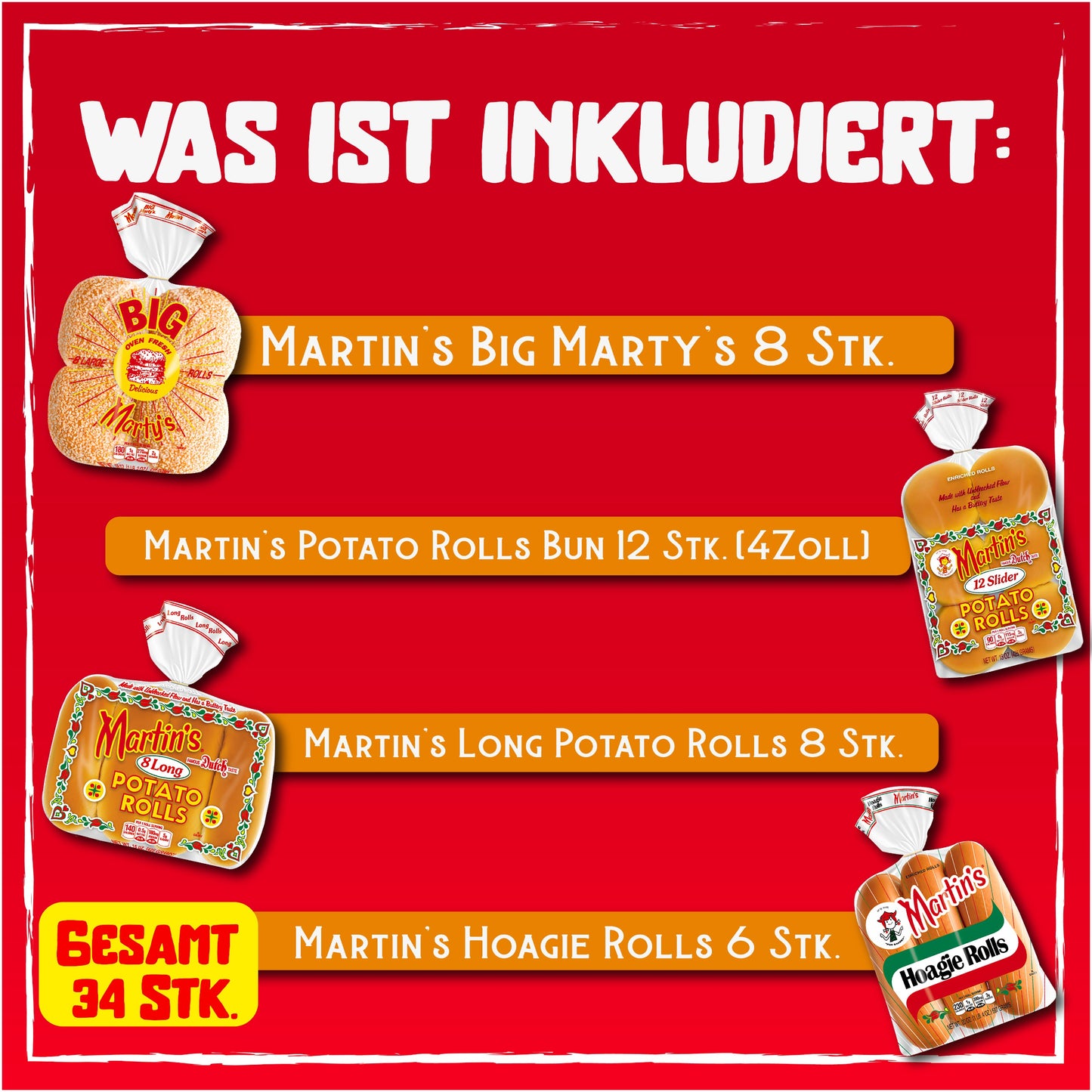 Familien-Paket (Potato Rolls Bun 12Stk. + Big Marty's 8Stk. + Hoagie Rolls 6Stk. + Long Potato Rolls 8Stk.)