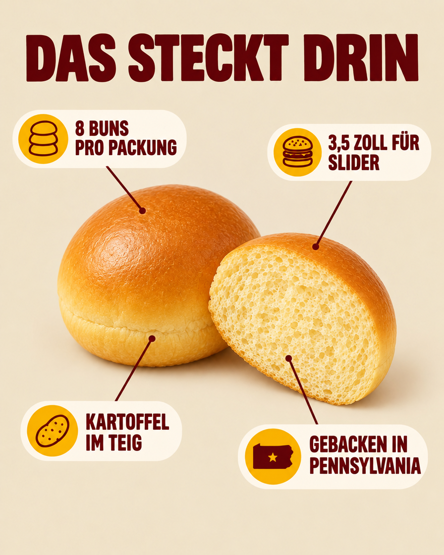 Das steckt drin: 8 Buns pro Packung, 3,5 Zoll für Slider, Kartoffel im Teig, gebacken in Pennsylvania