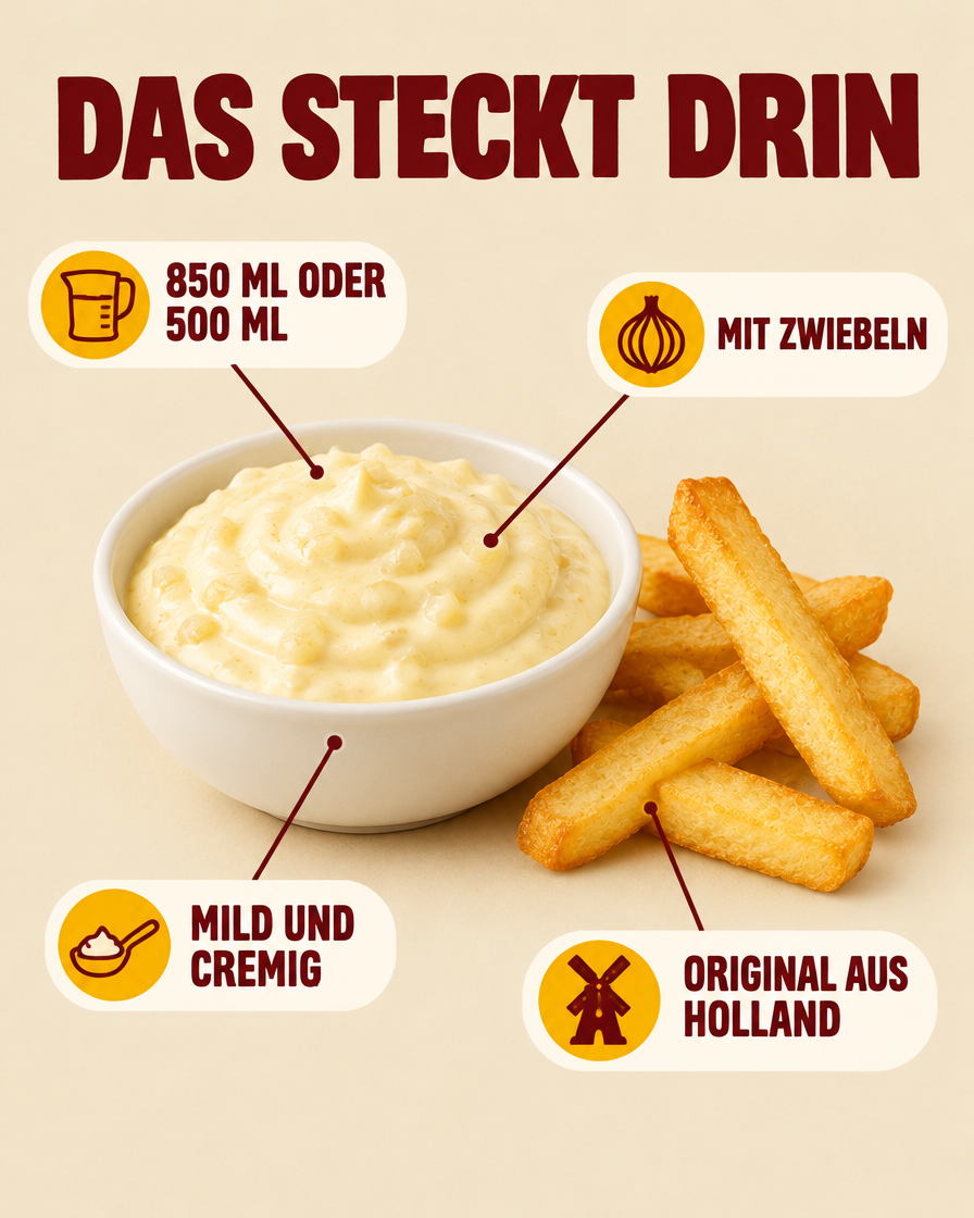 Das steckt drin: 850 ml oder 500 ml, mit Zwiebeln, mild und cremig, Original aus Holland