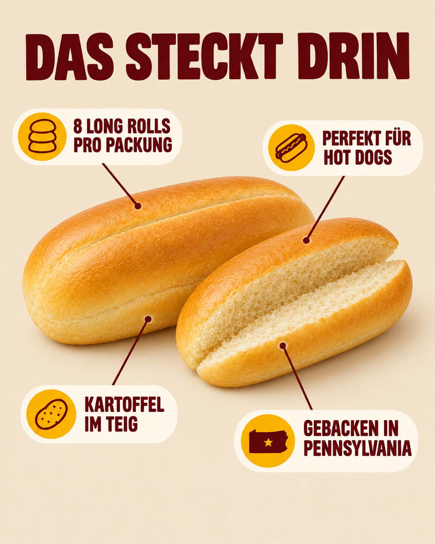 Das steckt drin: 8 Long Rolls pro Packung, perfekt für Hot Dogs, Kartoffel im Teig, gebacken in Pennsylvania