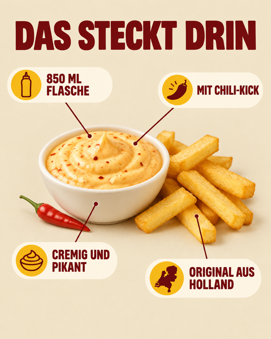 Das steckt drin: 850 ml Flasche, mit Chili-Kick, cremig und pikant, Original aus Holland