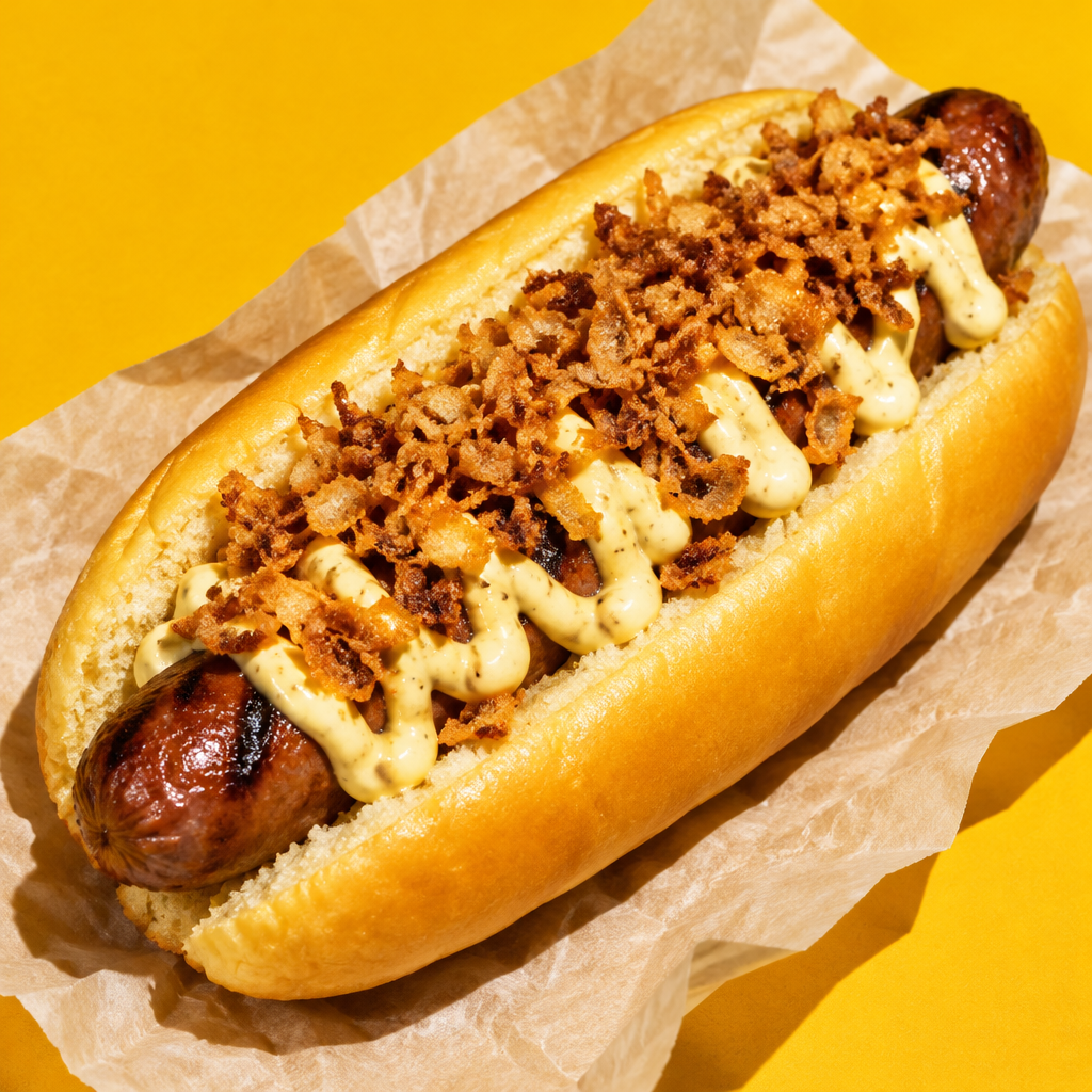 Hot Dog mit Rindswürstel, Joppie Sauce und Röstzwiebeln
