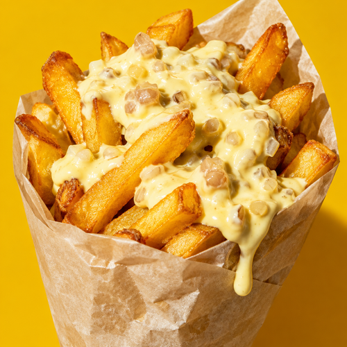 Pommes mit Joppie Sauce und Zwiebelstückchen
